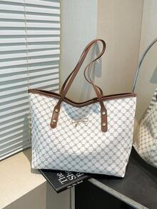 1 件白色复古花卉字母装饰 PU 手提包，大容量单肩包，带金属配件