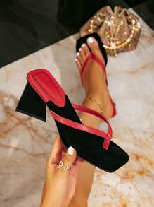 Women's Fashionable Square Toe High Heel Slippers, Chunky Heeled Design