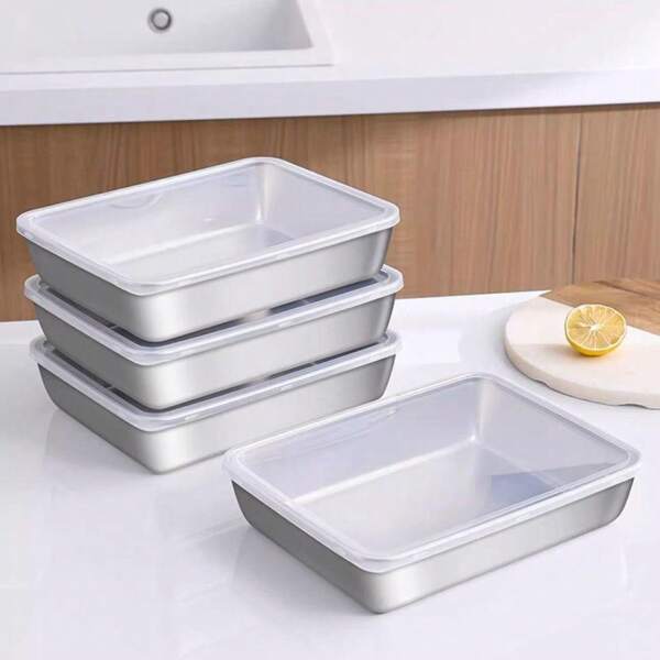 304 Stainless Steel Crisper, Fresh-Reusable, Fresh-Keeping Container, Fresh-Keeping Storage, With Clear Lid - Stackable, Easy To Clean Salad, Sandwich And Fruit Bowls - Perfect For Home, Restaurant, Party And Holiday Use