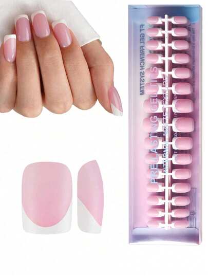 150Pcs French Gel Nail Stickers Set - 15 Sizes - Short Square Shape - Pinkish White, Pre-Coated Base, 4-In-1 Gel Nail Art Stickers, Diy, Sturdy , Soak-Off Soft Gel Acrylic Nail Stickers, Salon Quality, Reusable Press On Nails Nail Supplies Nails