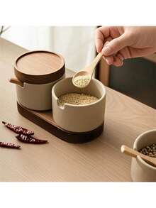 1pc/2pcs/3pcs Ceramic Seasoning Jars With Lids And Spoons, Kitchen Salt And Sugar Storage Canisters With Tray, Spice Bottles - Clay - View 9