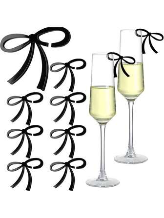 10PCS Party Glass Cup Bow Decoration Black Bows Drink Tags,Acrylic Bowknot Drink Tag For Holiday And Wedding Decorations,Gift Decorations Gifts Birthday Graduation Decor