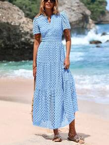 Women's Spring And Summer Maxi Dress Short Sleeve V Neck Hollow Out Eyelet A Line Long Flowy Wedding Guest Beach Vacation Dresses For Women - Màu xanh nhạt - Xem 4