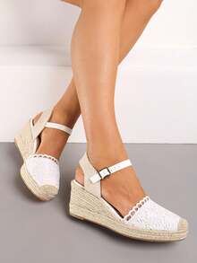Espadrille Sandalen mit geflochtener Keilsohle und durchbrochener Zehenpartie - Weiss - Übersicht 1