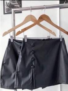 Short Skirt Plus Size In Leatherette With Elastane, Lined Button, Side Zipper ASPE69 Simple Elegant Party PU Leather Ruched Asymmetric Fake Buttons Zipper Skirts, Shorts Night Lined Buttons - Black - View 4