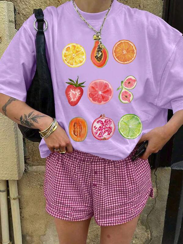 Maglietta casual da donna con spalle ample, scollo tondo e maniche corte, ideale per uso quotidiano