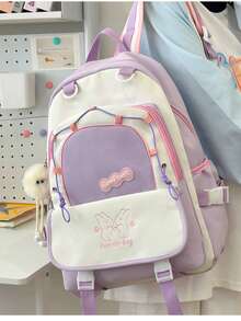 Women Generic School College Backpack Large Capacity Colorful Waterproof With Pompom - Morado - Ver 3