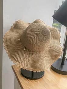 1 pieza Sombrero de paja grande con ola fresca y simple de verano, versión coreana de todo el ocio protector solar de visera de perlas falsas para la playa - Caqui - Ver 3
