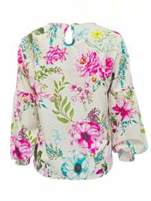 Summer Floral Print Round Neck Pleated Bubble Sleeves Vacation Style Pullover Shirt For Women - 彩色 - 查看 4