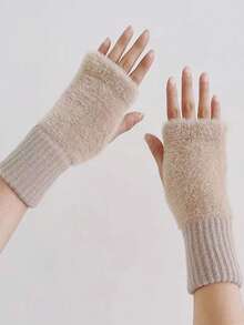女士半指针织触屏手套（半双装），带保暖内衬，秋冬季保暖时尚臂套 - 卡其色 - 查看 2