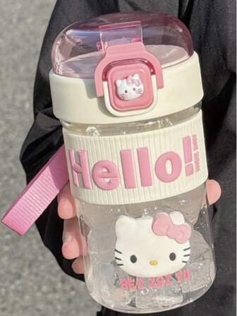  Sanrio 1pc 500ml Straw Water Bottle With Cute Leakproof Lid And Bouncing Cover, Plastic,Suitable For Office Use Camping And Sports(Hello Kitty Need To Be Hand-Pasted According To Their Own Ideas )