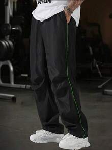 1pc Men's Spring/Summer Sportswear, Casual Loose Outdoor/Running/Training Sweatpants, Daily Commuting, Fashion Loose Straight Leg Contrast Color Casual Pants For Summer Holiday/Beach - Black - View 1