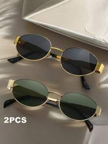 2pcs Retro Oval & Diamond Metal Frame Fashion Glasses, Bohemian Style Fashion Eyewear For Men & Women, Suitable For Daily Wear, Travel, Beach