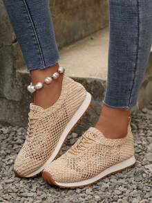 秋冬女士编织透气休闲运动鞋，波西米亚系带休闲一脚蹬鞋，春夏女士运动鞋