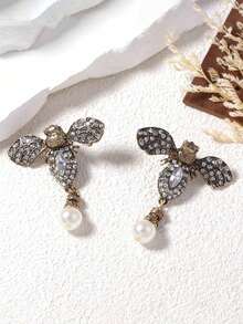 1 Pair Vintage High-End Design Retro Fully Rhinestone Unique Alloy Faux Pearl Bee Dangle Earrings For Women - Bee - View 2