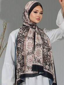 1 pièce Hijab en mousseline de soie imprimé, foulard de tête élégant et luxueux de couleur rétro pour femmes, accessoires hijab abaya, voile pour robe - Multicolore - Voir 11