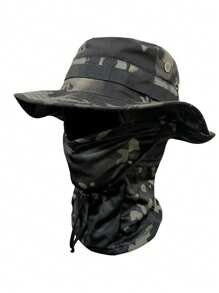 1pc Men's Spring/Summer Quick Dry Camouflage Wide Brim Bucket Hat Set, Casual Outdoor Cycling Hiking Camping Fishing Sun Protection Face Mask Drawstring Beanie Ski Masks