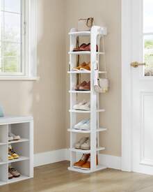 HaluPeit Shoe Rack, Narrow Shoe Storage With 8 Levels, Wooden Shoe Organizer With Hooks, Adjustable, Space-Saving, Suitable For Entrance, Hallway, Living Room, White - White - View 1