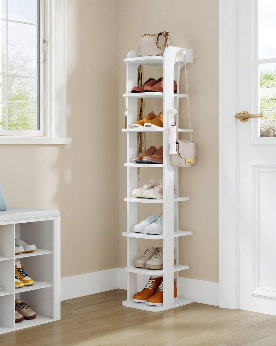 HaluPeit Shoe Rack, Narrow Shoe Storage With 8 Levels, Wooden Shoe Organizer With Hooks, Adjustable, Space-Saving, Suitable For Entrance, Hallway, Living Room, White - White - View 1