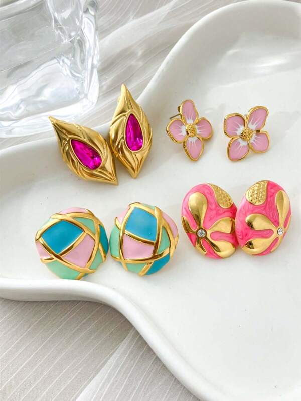 1 paire de boucles d'oreilles à clous géométriques vintage plaqués acier inoxydable/boucles d'oreilles fleur rose/boucles d'oreilles ovales roses petites plaquées or/boucles d'oreilles en diamant de gemme fuchsia, convient pour femmes au quotidien/fête/mariage/festival/banquet/anniversaire, cadeau de vacances
