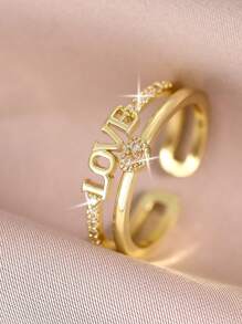 1 Peça Elegante Anel Aberto Dourado de Mulher com Laço de Zircônia Cúbica, Anel de Casal Glamoroso para Aniversário, Encontro, Solteiro, para Uso Diário, Formatura, Presente de Joias