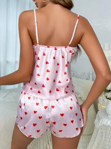 2PCS Sexy Set European And American Ice Silk Pajamas Women Thin Pajamas Loungewear Printed Satin Silk-Like Heart Print Sleeveless Top And Shorts Pajama Set Outfit