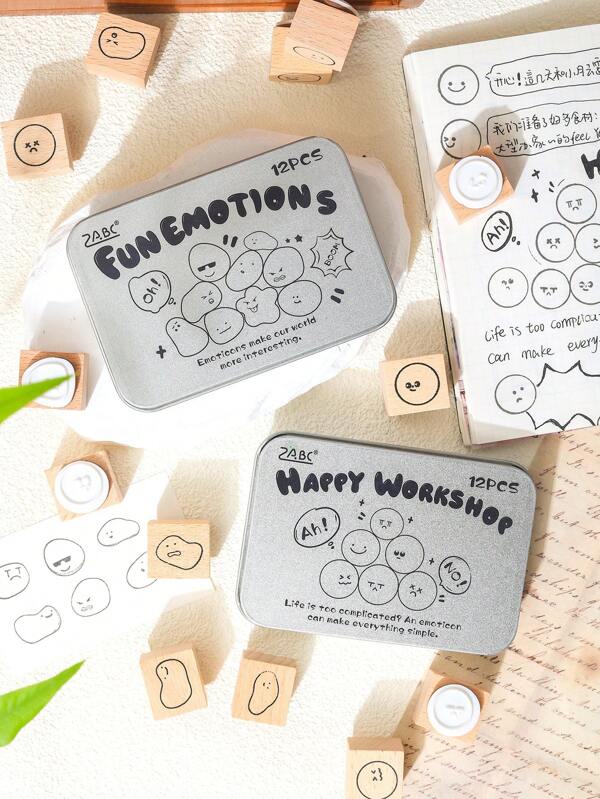 12pcs/Box Creativity Facial Shape Pattern Vintage Wooden Stamps, Better Express People's Feelings, Used For Notebook Scrapbook Decoration, Exquisite Wooden Handicraft