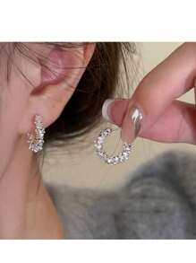 Bohemian C-Shaped Silver Hoop Earrings, Round Stud Earrings, Open Circle Hoop Earrings, Minimalist Open Circle Ring Earrings For Women