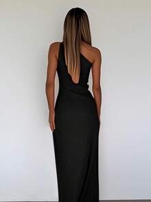 WOWDARK Summer Dress Black Valentine's Day Outfit Fashionable Women's Elegant Slit Ruffle Asymmetrical Shoulder Party Dress, Suitable For Valentine's Day, Dates, Gatherings, Parties, Travel, Vacation, Beach And Other Occasions - Black - View 8