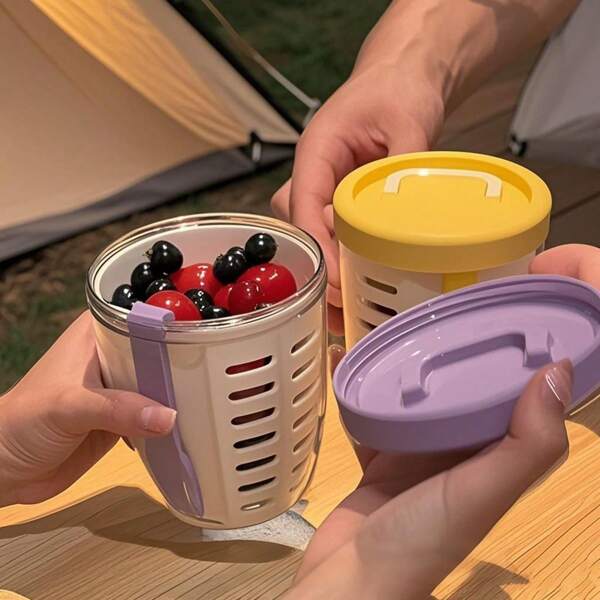 1pc Multi-Functional Fruit / Salad Bowl With Removable Fork, Portable Double-Layer Draining Cup For Breakfast, Picnic