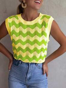 1pc Contrast Striped Knitted Mesh Sweater, Summer - Yellow - View 3