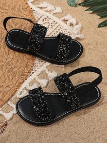 1 双加大码幼儿/小女孩黑色平底凉鞋，纯色 PU 材质，闪亮水钻装饰，可调节踝带，圆头，防滑，夏季时尚休闲凉鞋，适合 3-15 岁