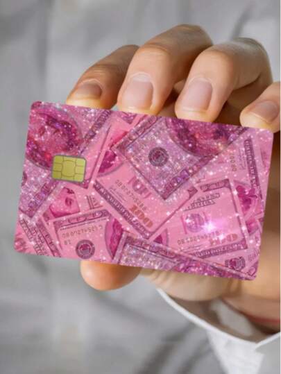 1 pieza/4 piezas Pegatina para tarjeta de débito/crédito con patrón de billetes de banco de color rosa con brillo, juego decorativo de tarjetas de PVC antihuellas y duradero, adecuado para tarjetas bancarias, tarjetas de identificación, tarjetas de acceso, puede usarse como regalo, útiles escolares, artículos de vuelta al colegio, etc.