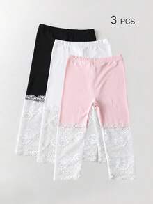Conjunto de 4/3/2/1 Peças Leggings Capri com Renda para Meninas, Cor Sólida/Contraste, Leve, Meia-Calça Casual 3/4, Fofo & Moderno, Estilo Princesa, Adequado para Uso Diário, Meia-Calça Macia & Confortável, Adequado para Estudantes Combinarem com Tops, Saias, Temporada de Volta às Aulas - Multicolorido - Visão 51