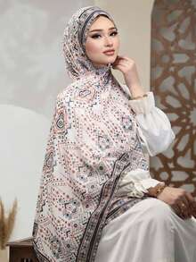 1 pièce Hijab en mousseline de soie imprimé, foulard de tête élégant et luxueux de couleur rétro pour femmes, accessoires hijab abaya, voile pour robe - Multicolore - Voir 10