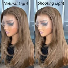 棕色 13x4 女士合成蕾丝前假发 18 英寸中长波浪窗帘刘海无胶 Kanekalon 防发合成假发中分 150% 密度自然发际线无胶假发适合时尚女性女孩派对度假表演化妆日常佩戴 - 棕色 - 查看 8