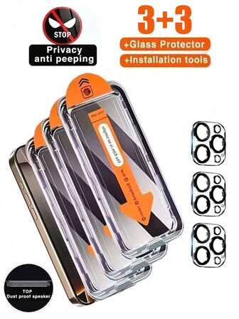 3-pack heltäckande skärmskydd + 3-pack kameralinsskydd för iPhone 17/17 Air/16/16E/15/14/13/12/11/16 Pro Max/15 Pro Max/Plus/Mini/X/XS/XR/XS Max, 9H härdat glas, kompatibel med Dynamic Island, reptåligt, fingeravtrycksskyddande, Ultra HD