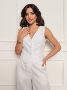 Women's Tailored Set Simple Elegant Button Pocket Zipper Office - trắng - Xem 4