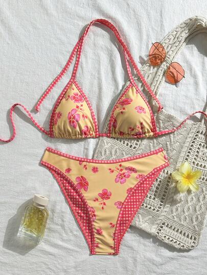 Urlaubscharme: Rückenfrei Neckholder Bikini Set mit verspieltem Patchwork Muster - Sommer Lässig-Chic Bademode