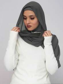 1set Women Classic Casual Instant Chiffon Hijab, Solid Scarf, Solid Color Soft & Breathable Modal Material, Versatile Neck Wrap/Head Scarf Combo, Suitable For Everyday Wear For Dress - Dark Grey - View 5