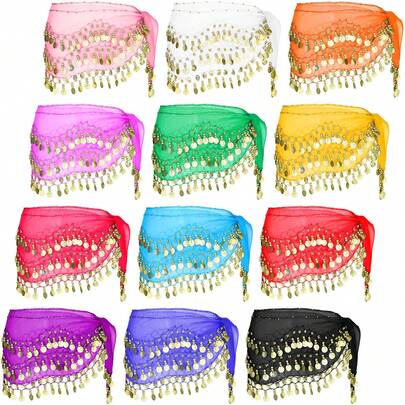 1条金币腰链，适合初学者肚皮舞，闪亮性感舞蹈练习臀巾，闪闪发光，适合日常佩戴、夜店舞台表演、街头拍照、节日派对服装配饰、暑期学校秋季、万圣节等场合。