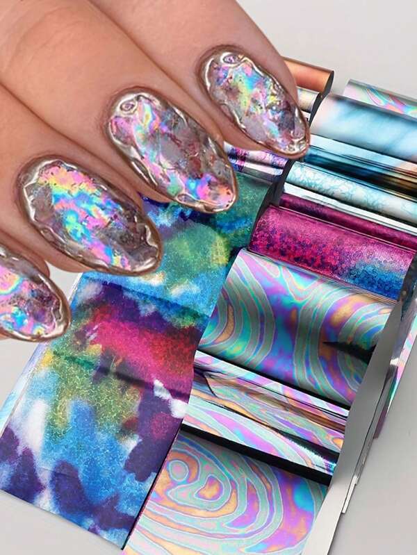Set de 10 piezas Calcomanías de láminas de transferencia metálicas holográficas láser para decoración de uñas, calcomanías de uñas holográficas con estampado de leopardo dorado y plateado