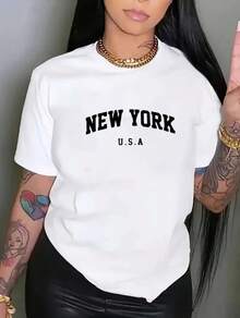 Camiseta Casual de Mujer con Estampado de New York  - Mezcla de Poliéster y Spandex Suave, Cuello Redondo, Manga Corta, Lavable a Máquina - Blanco - Ver 1