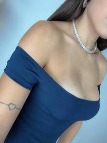 Sexy Off-The-Shoulder Long Fitted Dress With Side Slit - Navy Blue - View 3