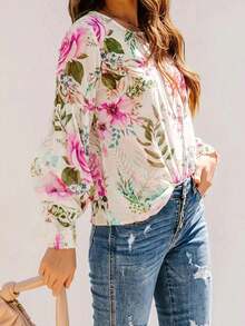 Summer Floral Print Round Neck Pleated Bubble Sleeves Vacation Style Pullover Shirt For Women - 彩色 - 查看 2