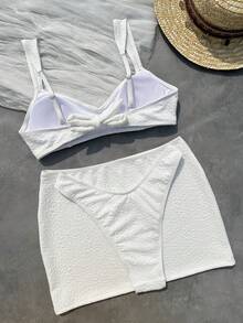 A Three Pieces Bikini Mini Skirt Set With White Texture And Wide Shoulder Straps For Ladies, An Elegant Swimsuit Set For Summer Beach Vacation Parties - White - View 6