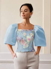 Modern Elegant Women Casual Floral Puff Sleeve Blouse, Spring/Summer Filipiniana Attire