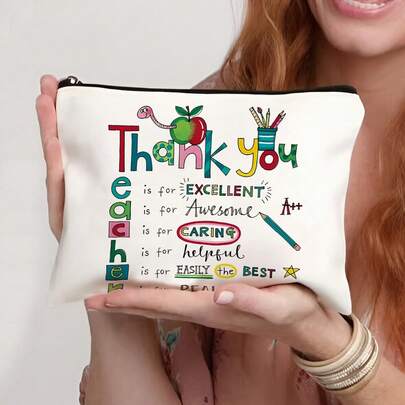 1pc Teacher's Day Gift, For The Best Teacher Letter Print Cosmetic Bag, Gift Bag Zipper Travel Pouch, Lightweight Storage Bag, Coin Purse, Zipper Clutch, Cosmetic Organizer, Beauty Case, Makeup Bag