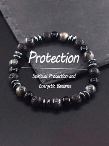 1 Stück Herren Schutzarmband - Labradorit & Schwarze Vulkanstein Perlen Armband für Frauen Männer, spiritueller Schutz und energetisches Gleichgewicht Schmuck