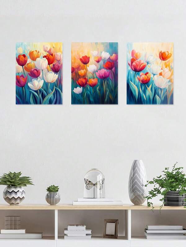 3 piezas Póster de arte abstracto, Obra de arte moderna de tulipanes vibrantes, Impresión en lienzo de colores pastel, Pintura de pared, Pósters de jardín, Pintura floral, Artes de pared con tema de primavera, Póster, Estética de habitación, Regalo ideal, Para sala de estar, dormitorio, baño, cafetería, con o sin marco